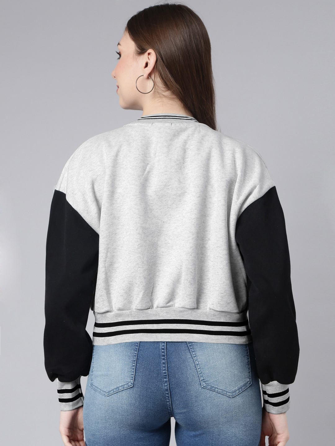 Women's Mandarin Collar Typography Grey Crop Oversized Drop Shoulder Varsity Jacket