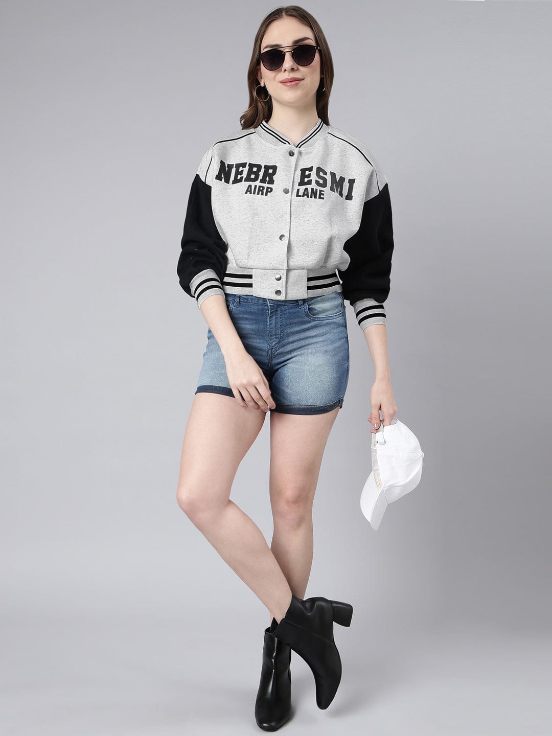 Women's Mandarin Collar Typography Grey Crop Oversized Drop Shoulder Varsity Jacket