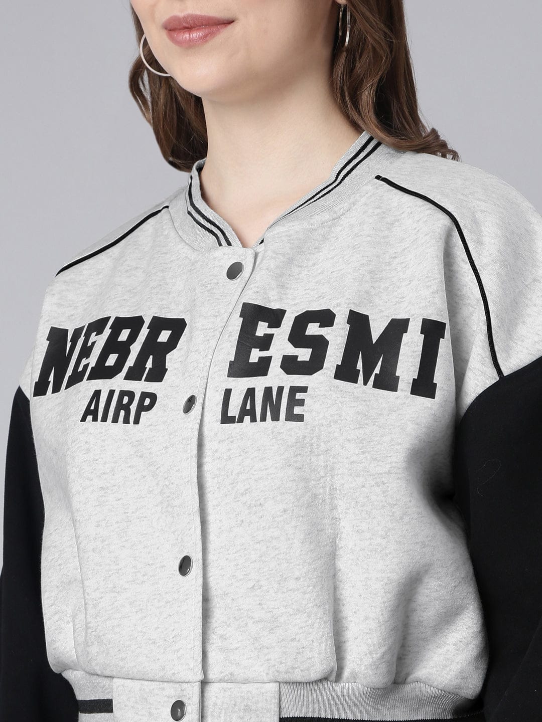 Women's Mandarin Collar Typography Grey Crop Oversized Drop Shoulder Varsity Jacket