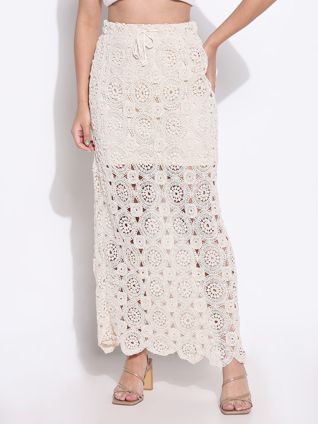 Women Beige Solid Crochet Skirt