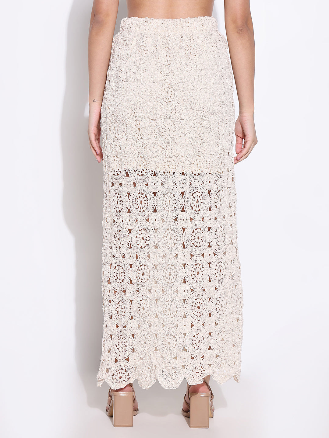 Women Beige Solid Crochet Skirt