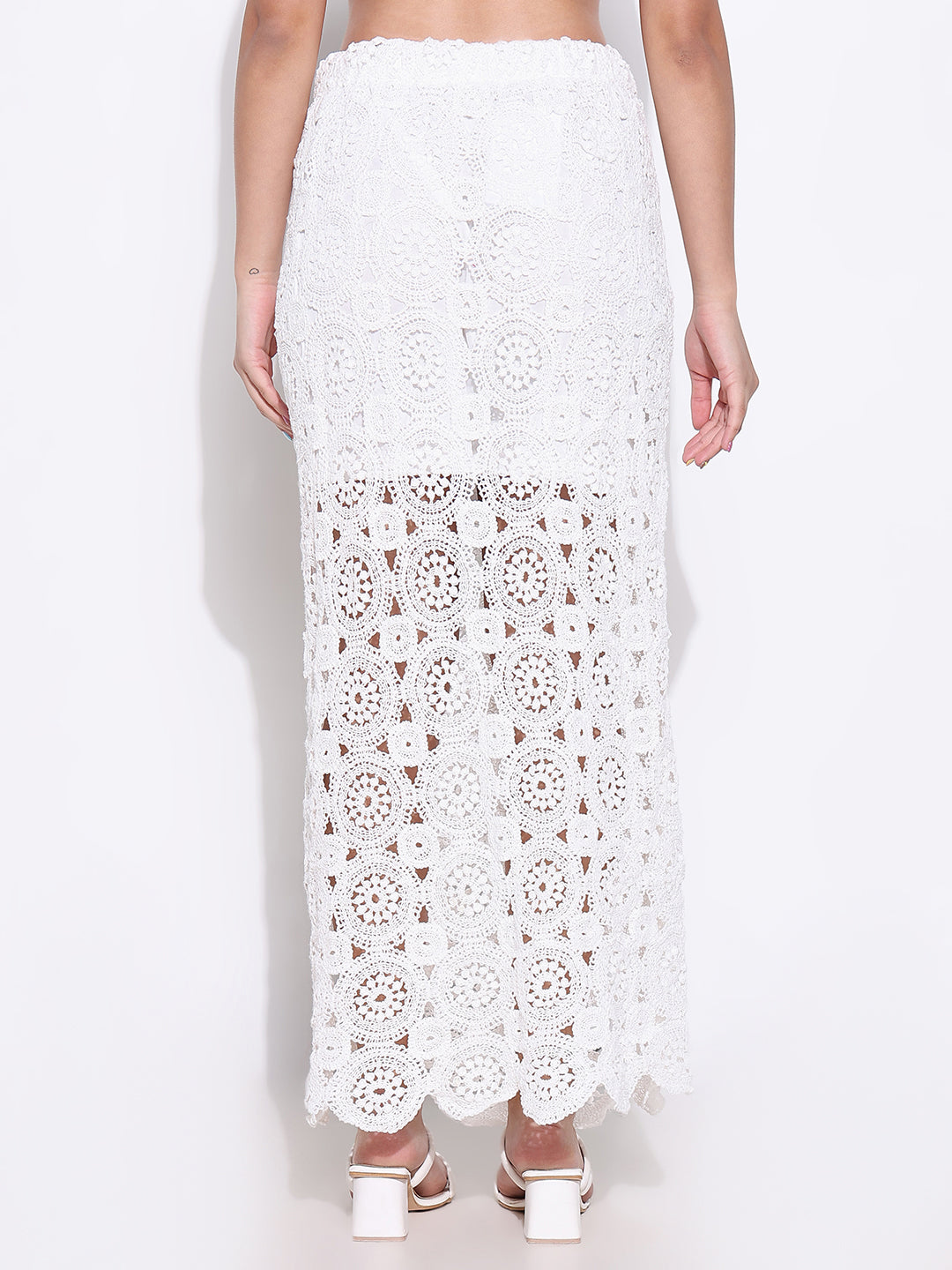 Women White Solid Crochet Skirt