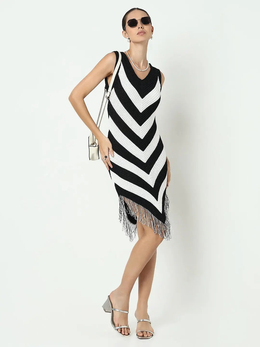 Women's Colourblocked Black Bodycon Dress with Fringe Hem - from SHOWOFFFF