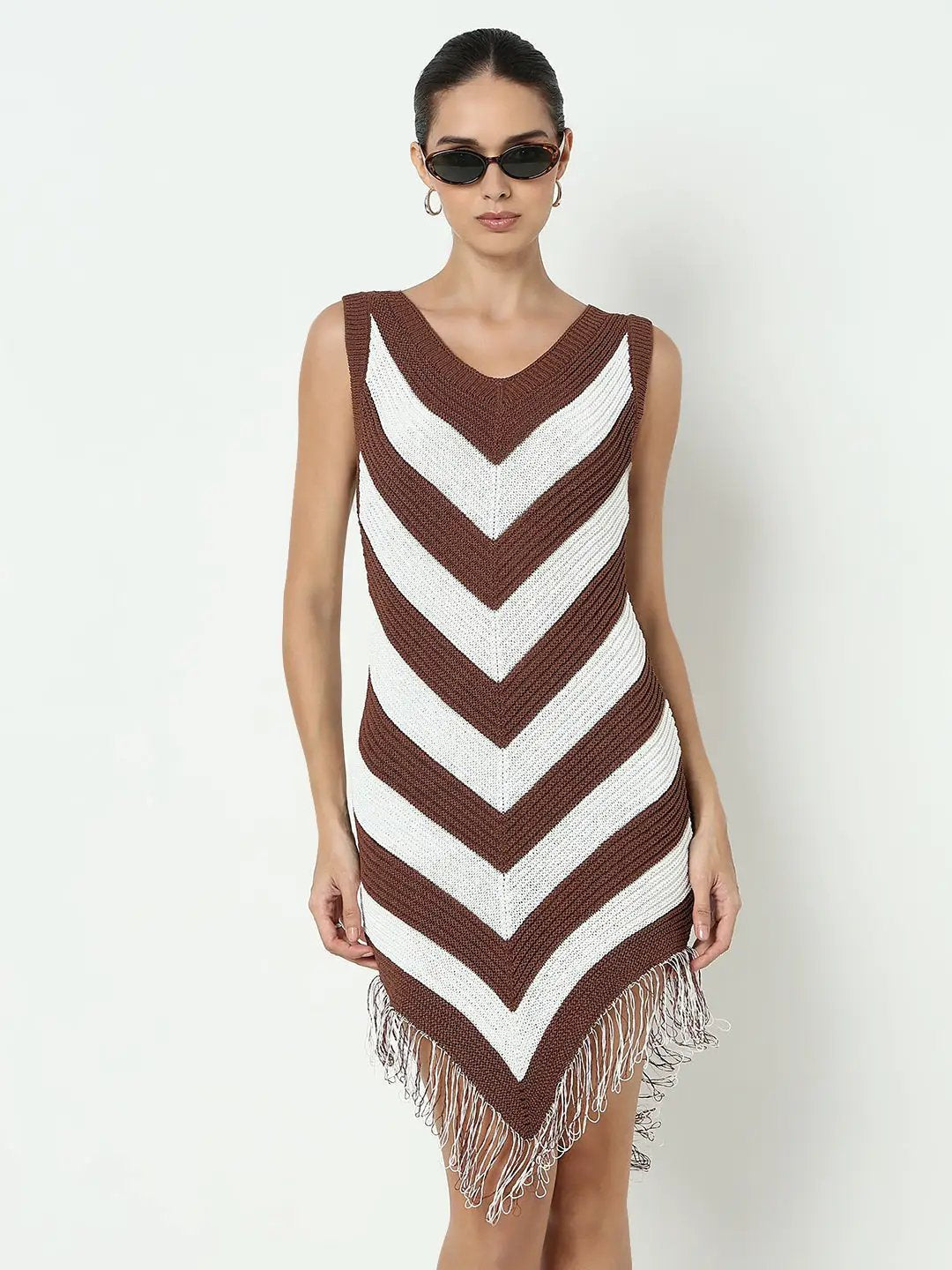 Women's Colourblocked Brown Bodycon Dress with Fringe Hem - Uncategorized from SHOWOFFFF
