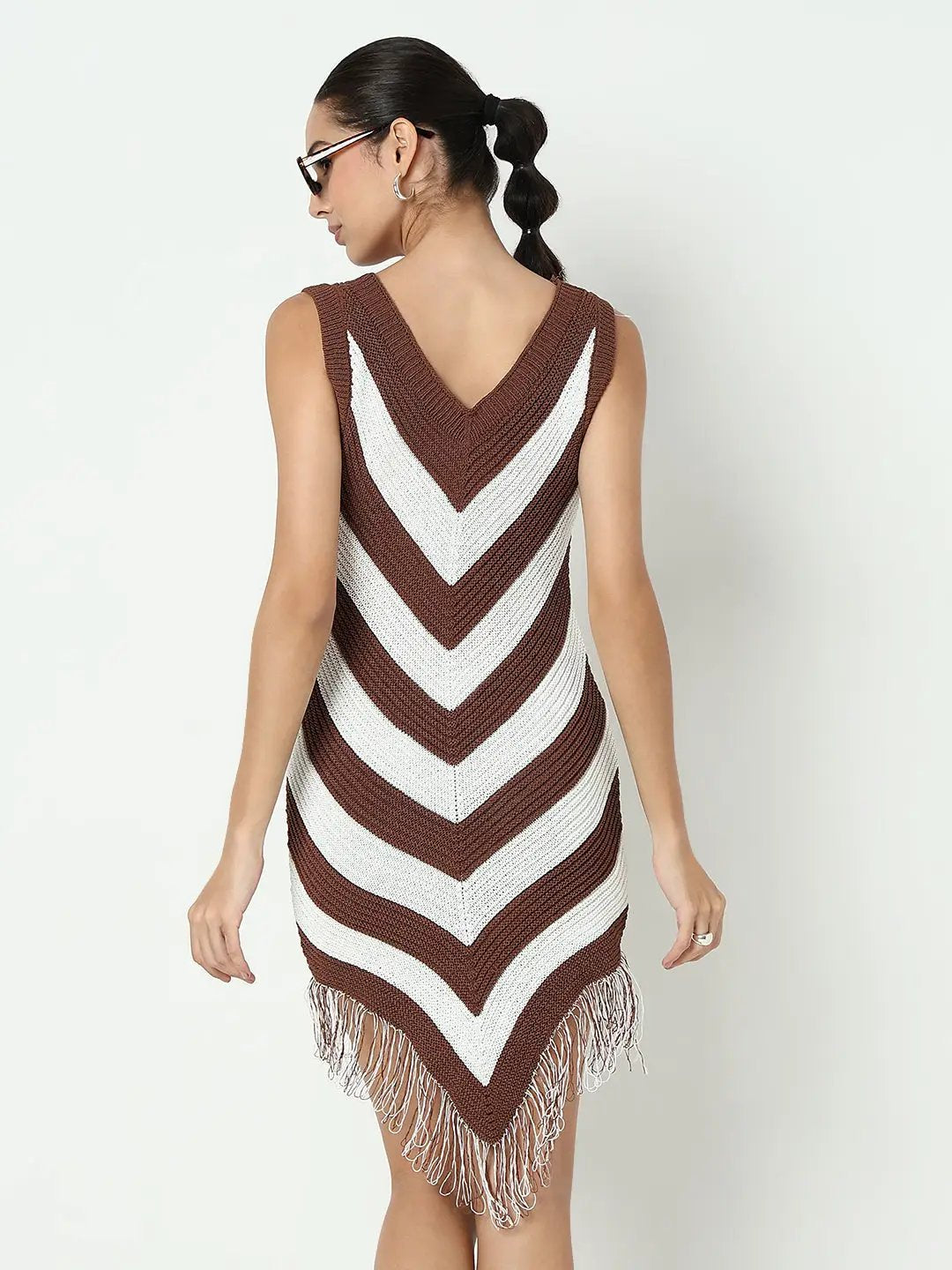 Women's Colourblocked Brown Bodycon Dress with Fringe Hem - Uncategorized from SHOWOFFFF