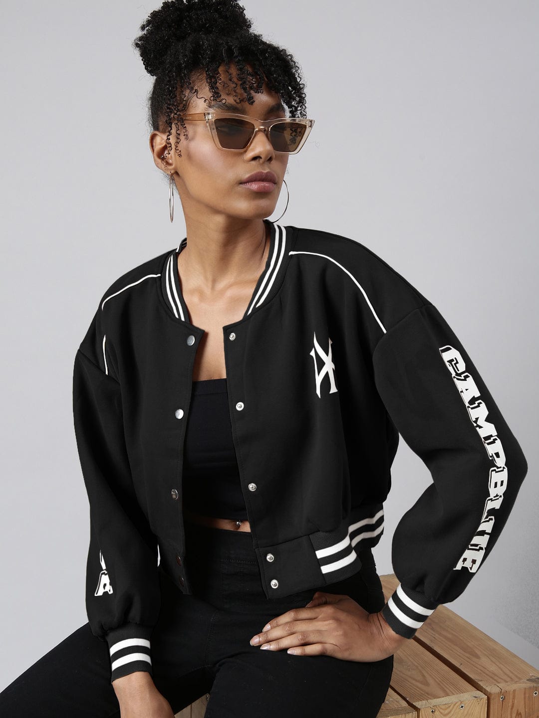 Women's Mandarin Collar Typography Black Crop Oversized Drop Shoulder Varsity Jacket