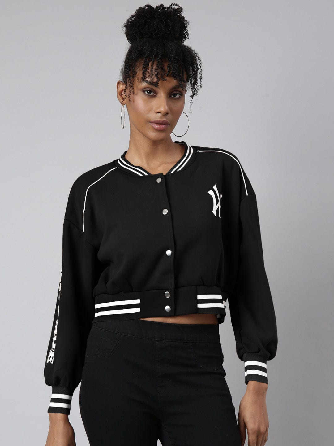 Buy Women's Mandarin Collar Typography Black Crop Oversized Drop