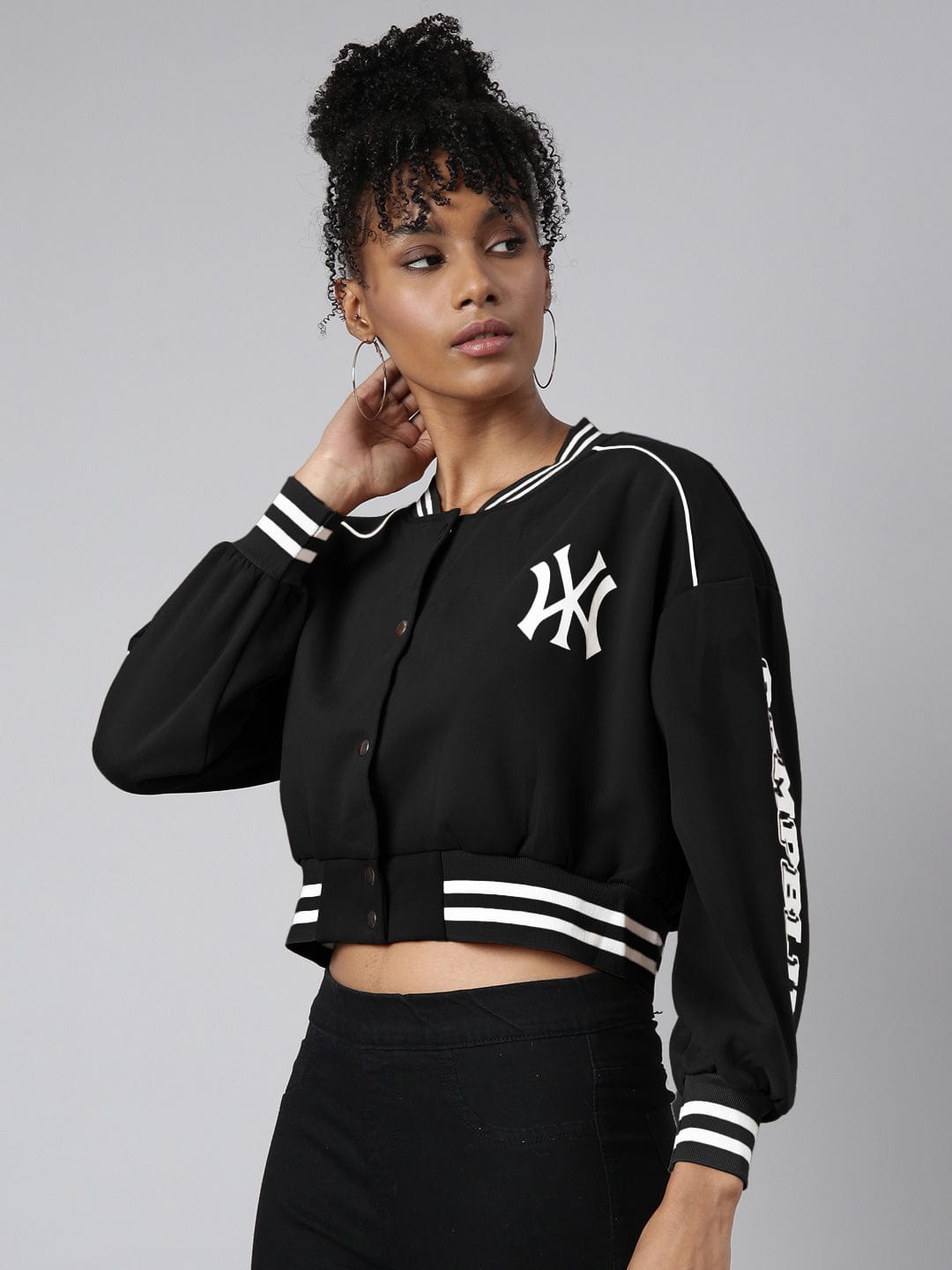 Women's Mandarin Collar Typography Black Crop Oversized Drop Shoulder Varsity Jacket