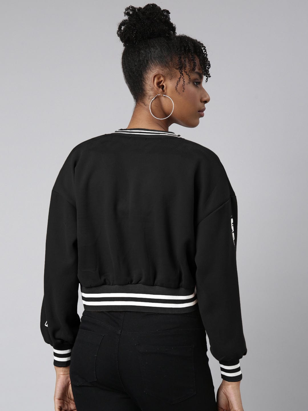 Buy Women's Mandarin Collar Typography Black Crop Oversized Drop