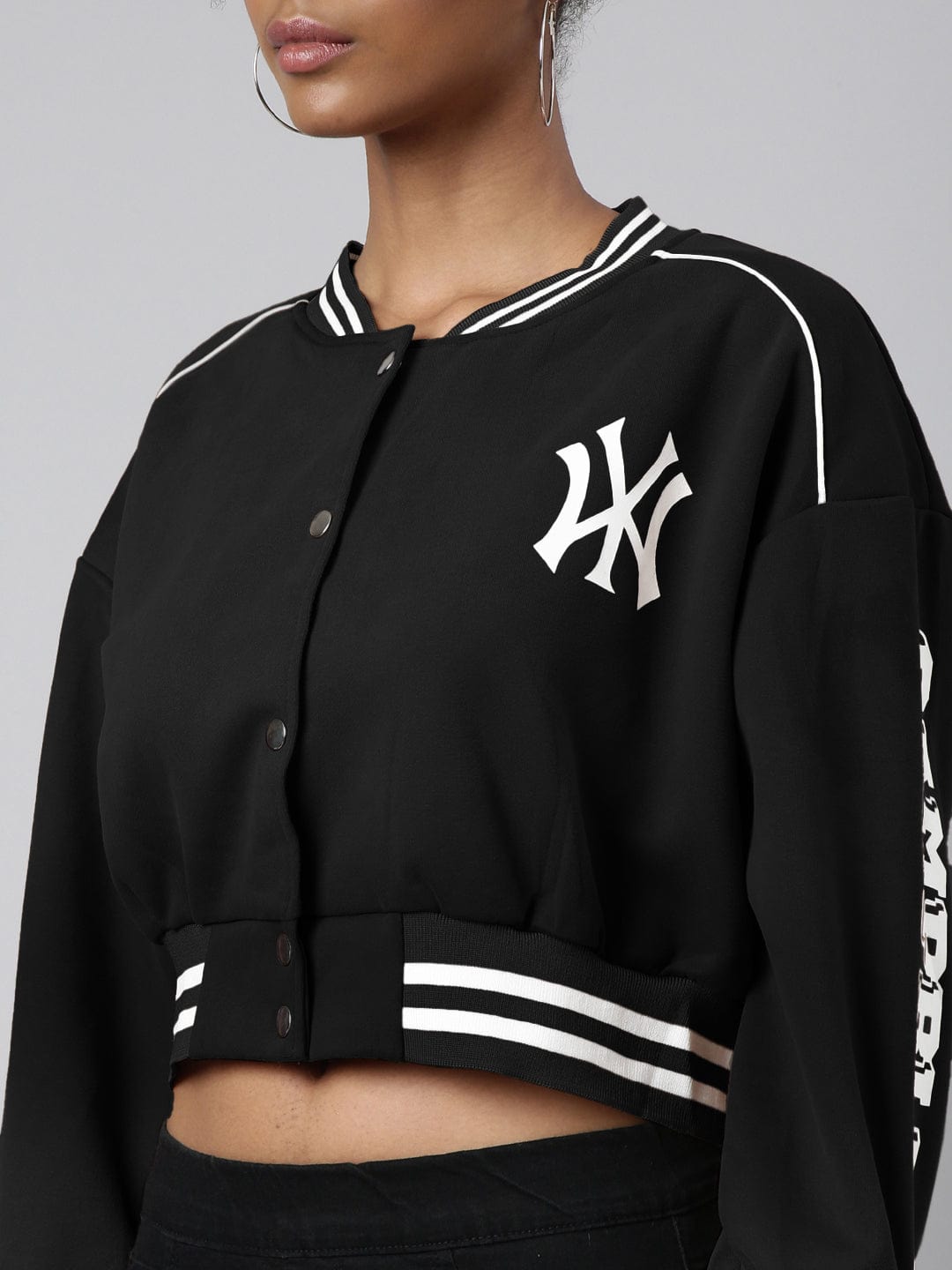 Women's Mandarin Collar Typography Black Crop Oversized Drop Shoulder Varsity Jacket