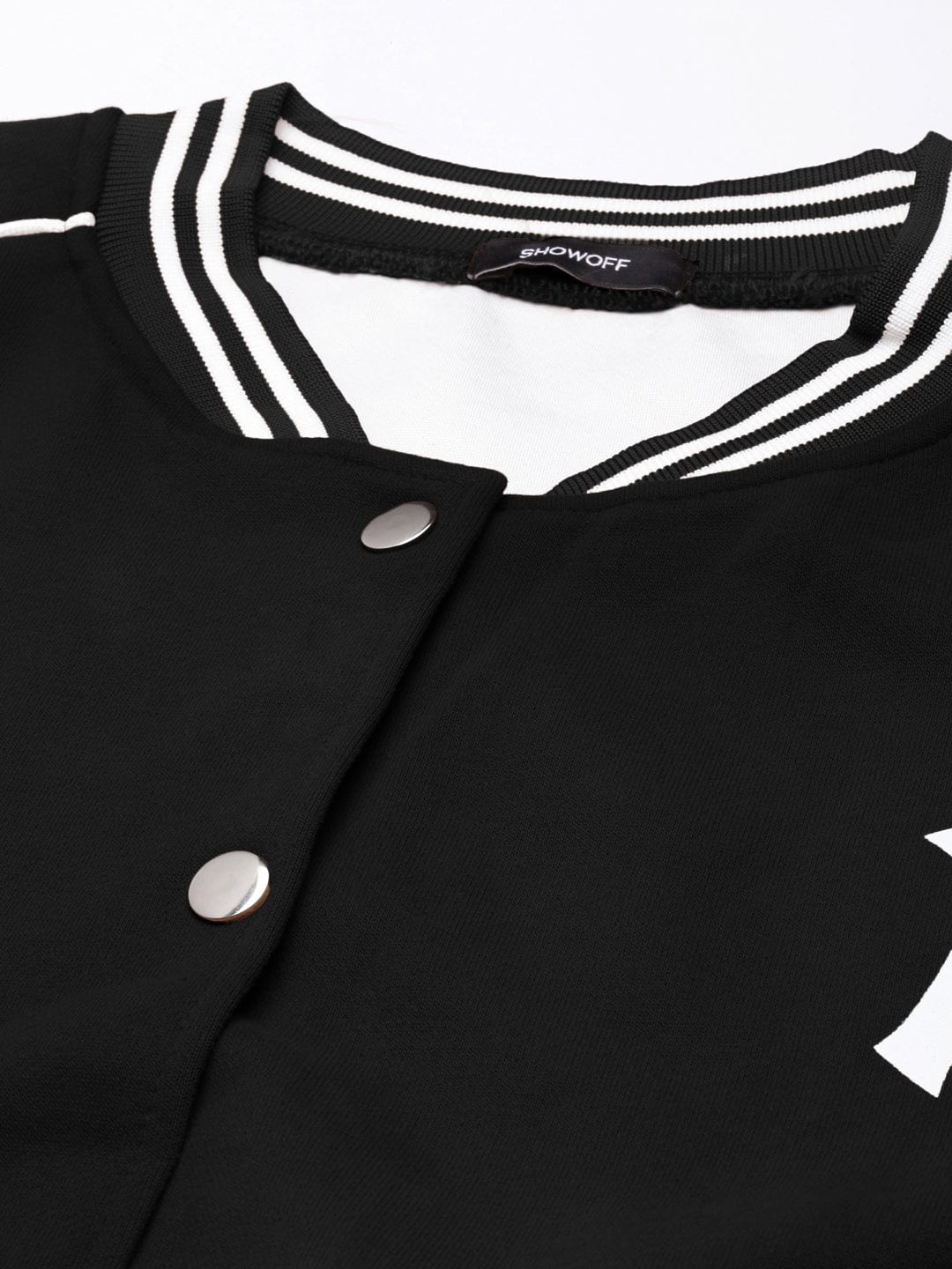 Women's Mandarin Collar Typography Black Crop Oversized Drop Shoulder Varsity Jacket