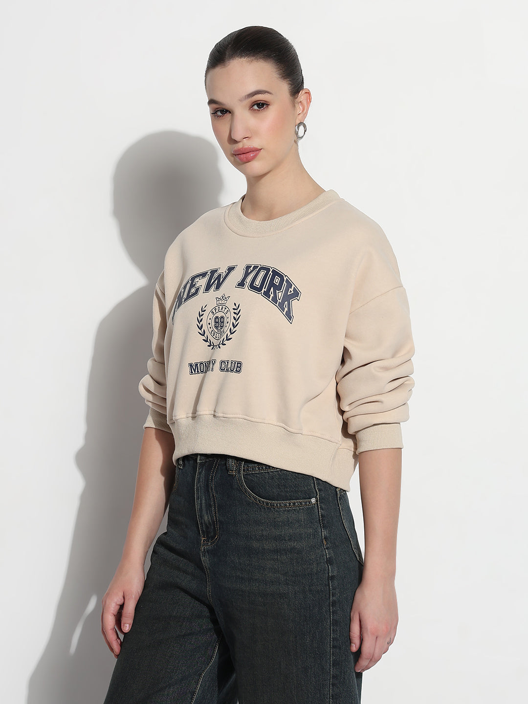 Women's Typography Beige Crew Neck Long Sleeves Crop Top