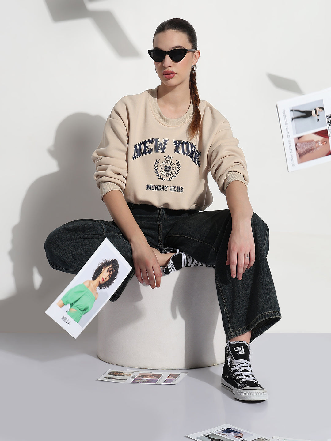 Women's Typography Beige Crew Neck Long Sleeves Crop Top