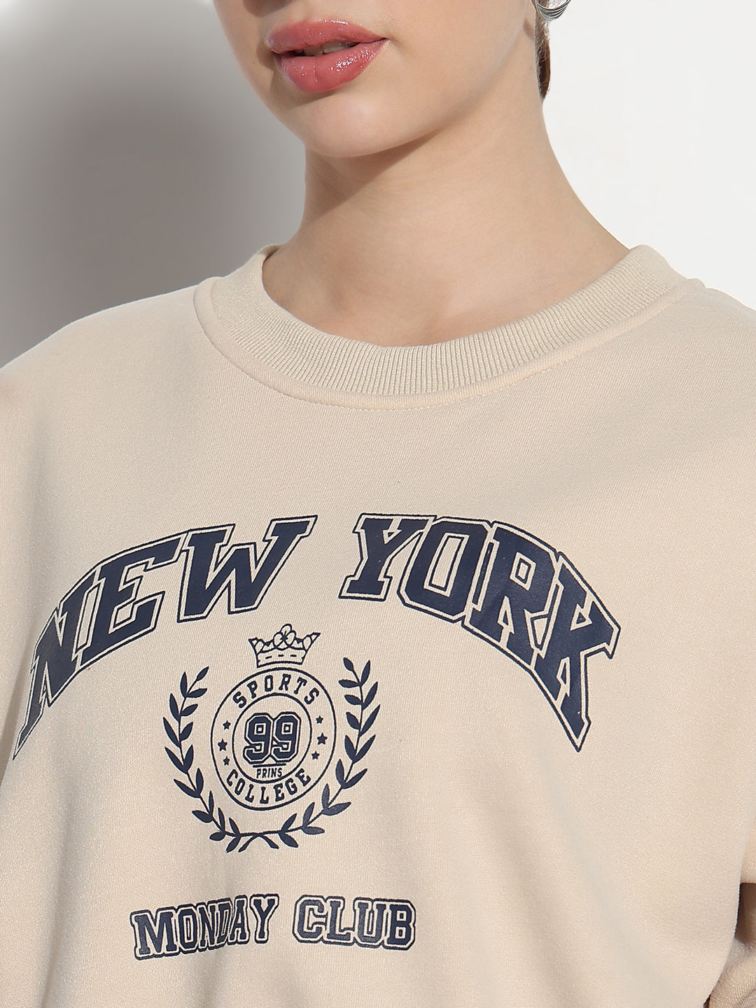 Women's Typography Beige Crew Neck Long Sleeves Crop Top