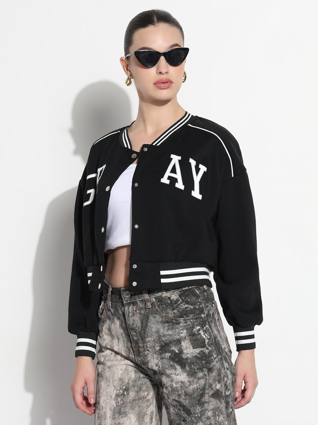 Women's Typography Black Mandarin Collar Relaxed Fit Varsity Jacket