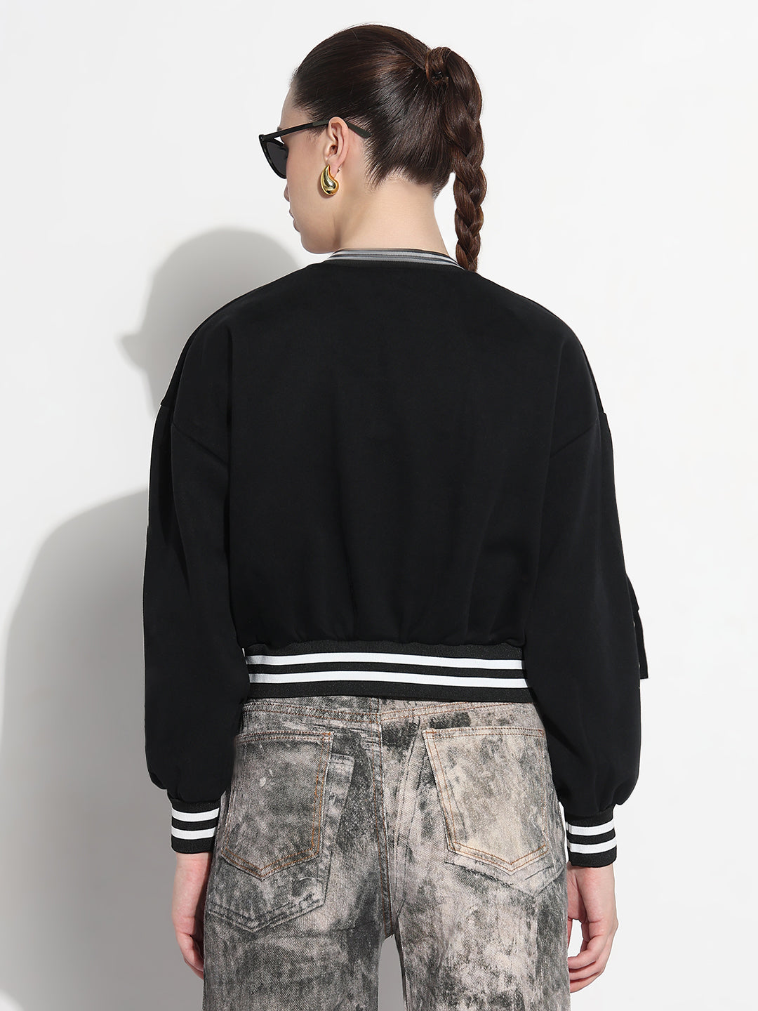 Women's Typography Black Mandarin Collar Relaxed Fit Varsity Jacket