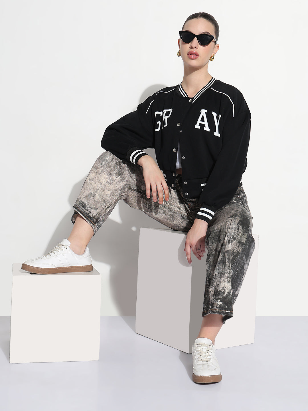 Women's Typography Black Mandarin Collar Relaxed Fit Varsity Jacket