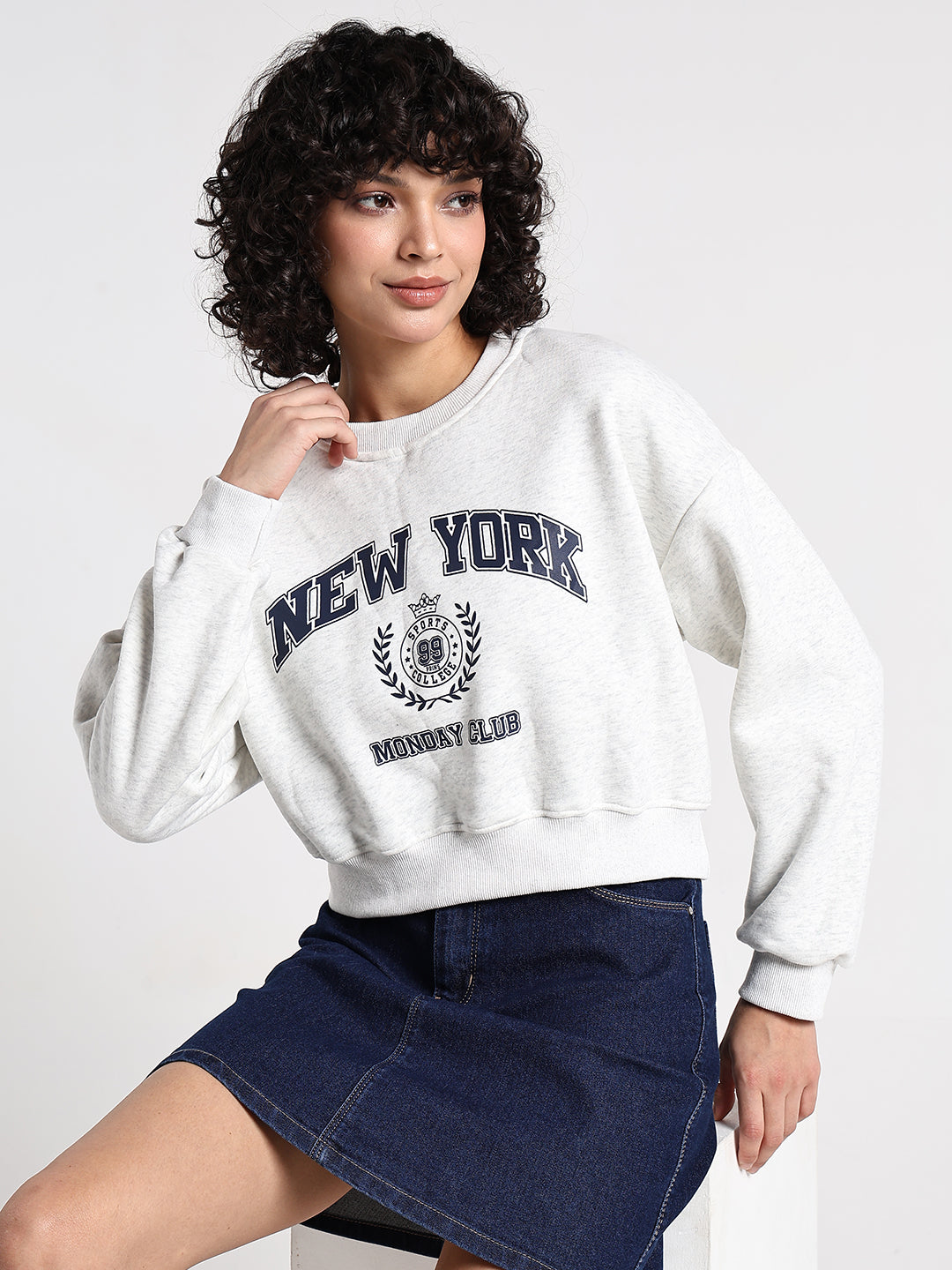 Women's Typography Off White Round Neck Crop Top