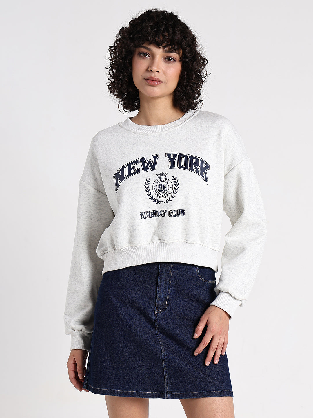 Women's Typography Off White Round Neck Crop Top