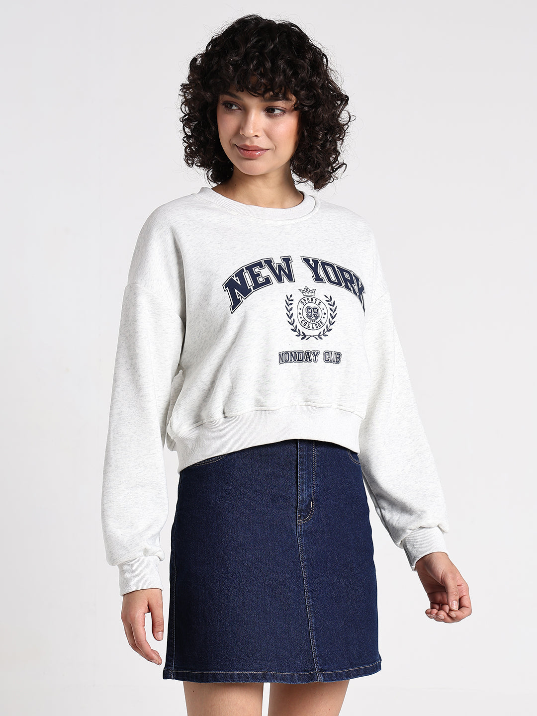 Women's Typography Off White Round Neck Crop Top