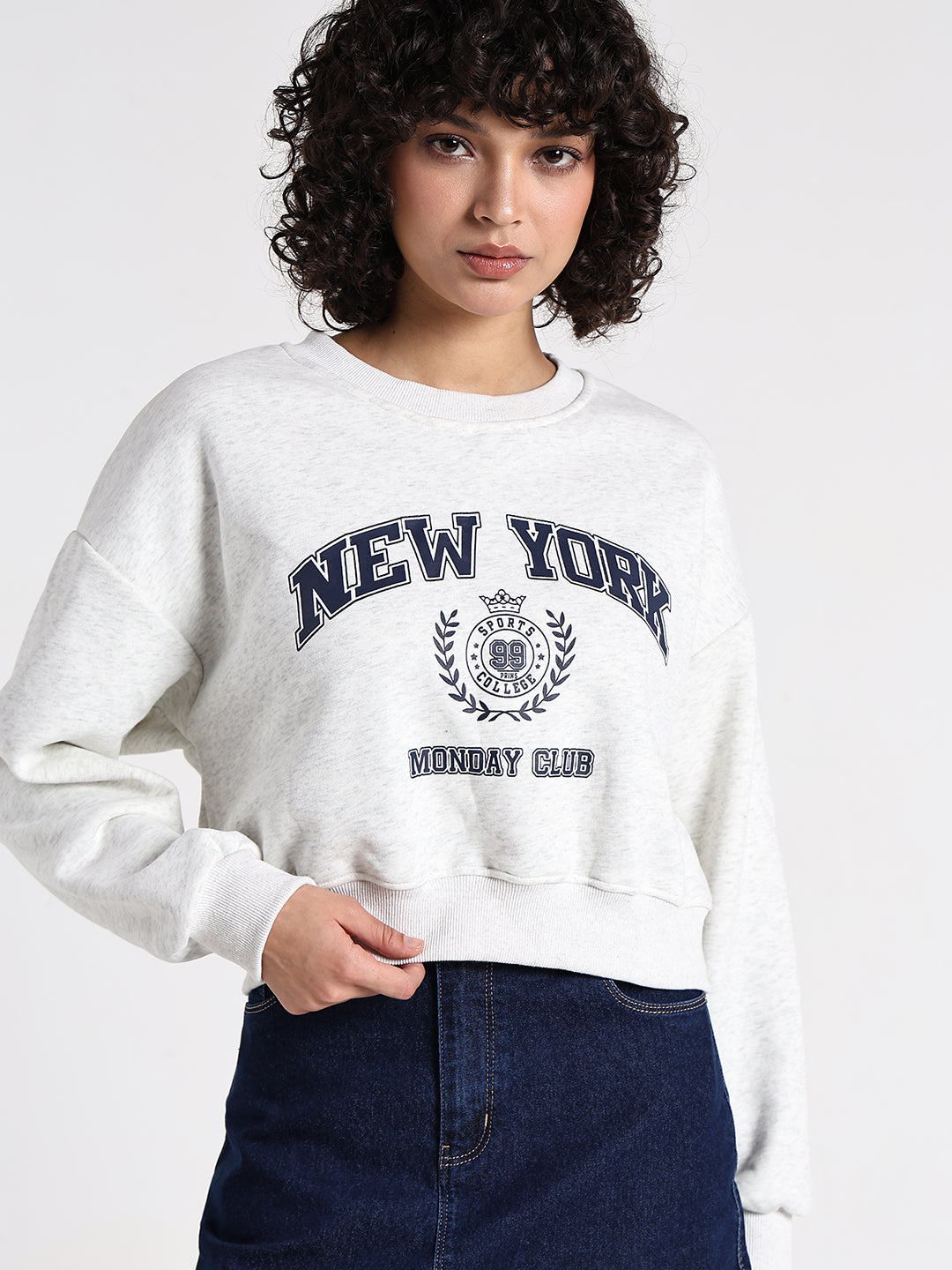 Women's Typography Off White Round Neck Crop Top