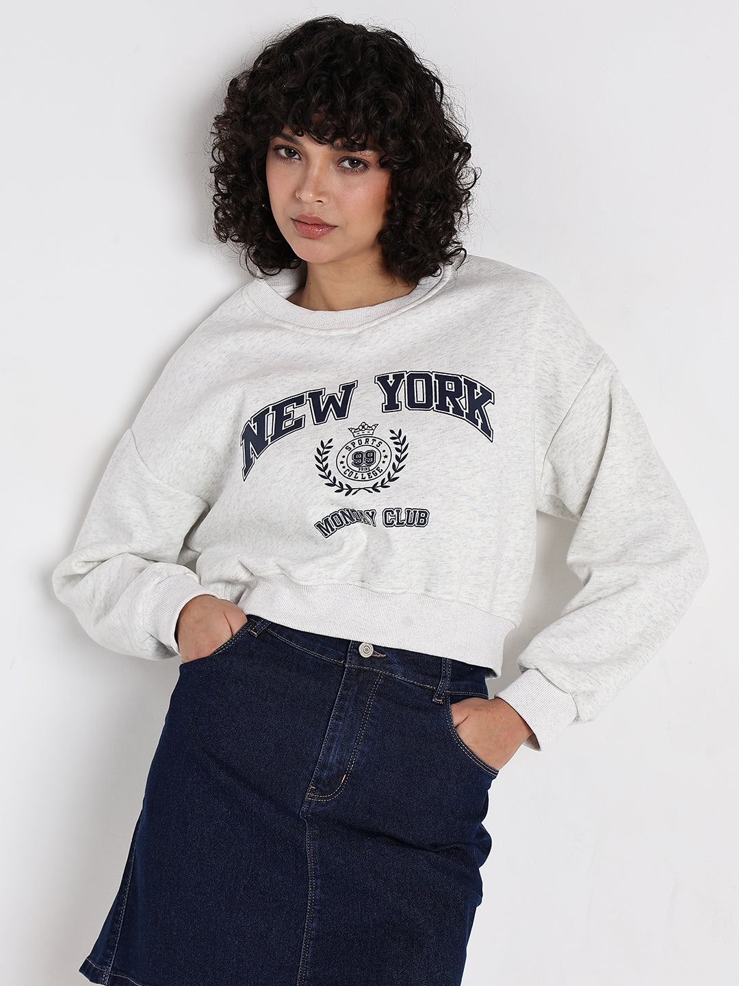 Women's Typography Off White Round Neck Crop Top