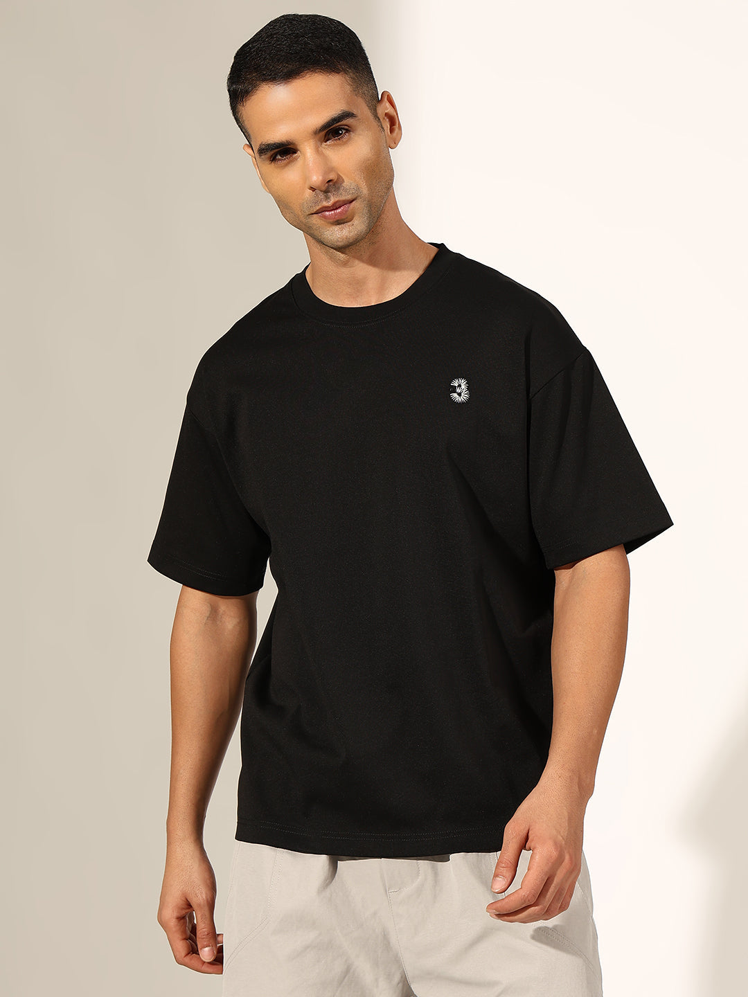 Men's Embroidered Black Relaxed Fit T-Shirt