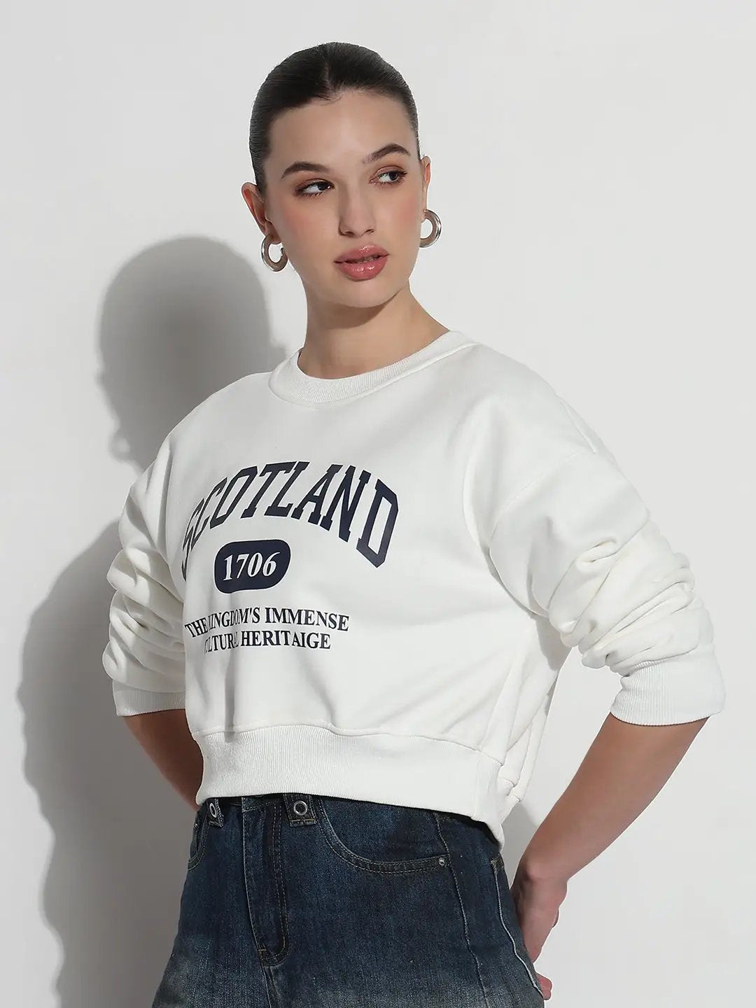 Women's Typography White Crew Neck Long Sleeves Crop Top - from SHOWOFFFF