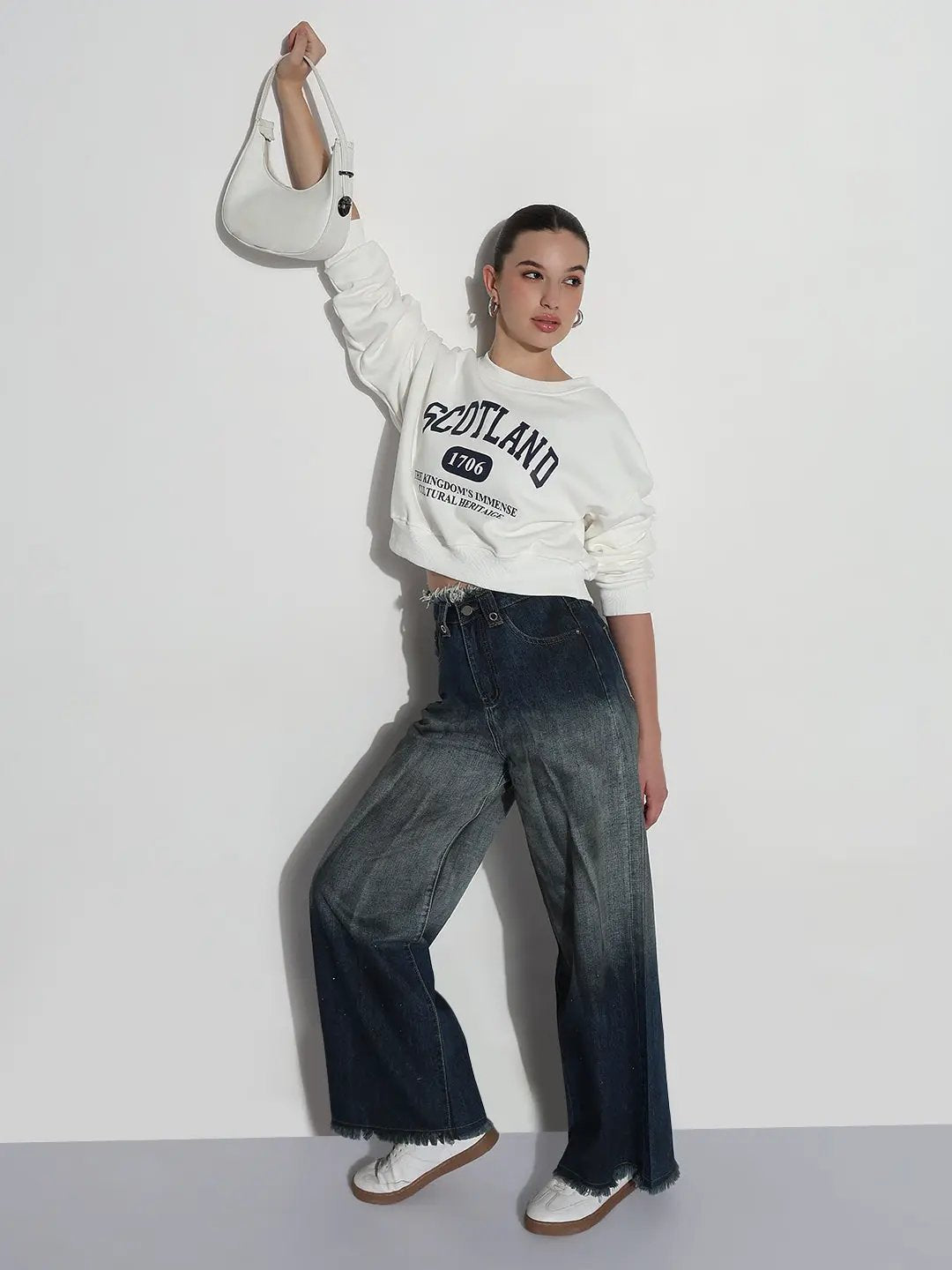 Women's Typography White Crew Neck Long Sleeves Crop Top - from SHOWOFFFF