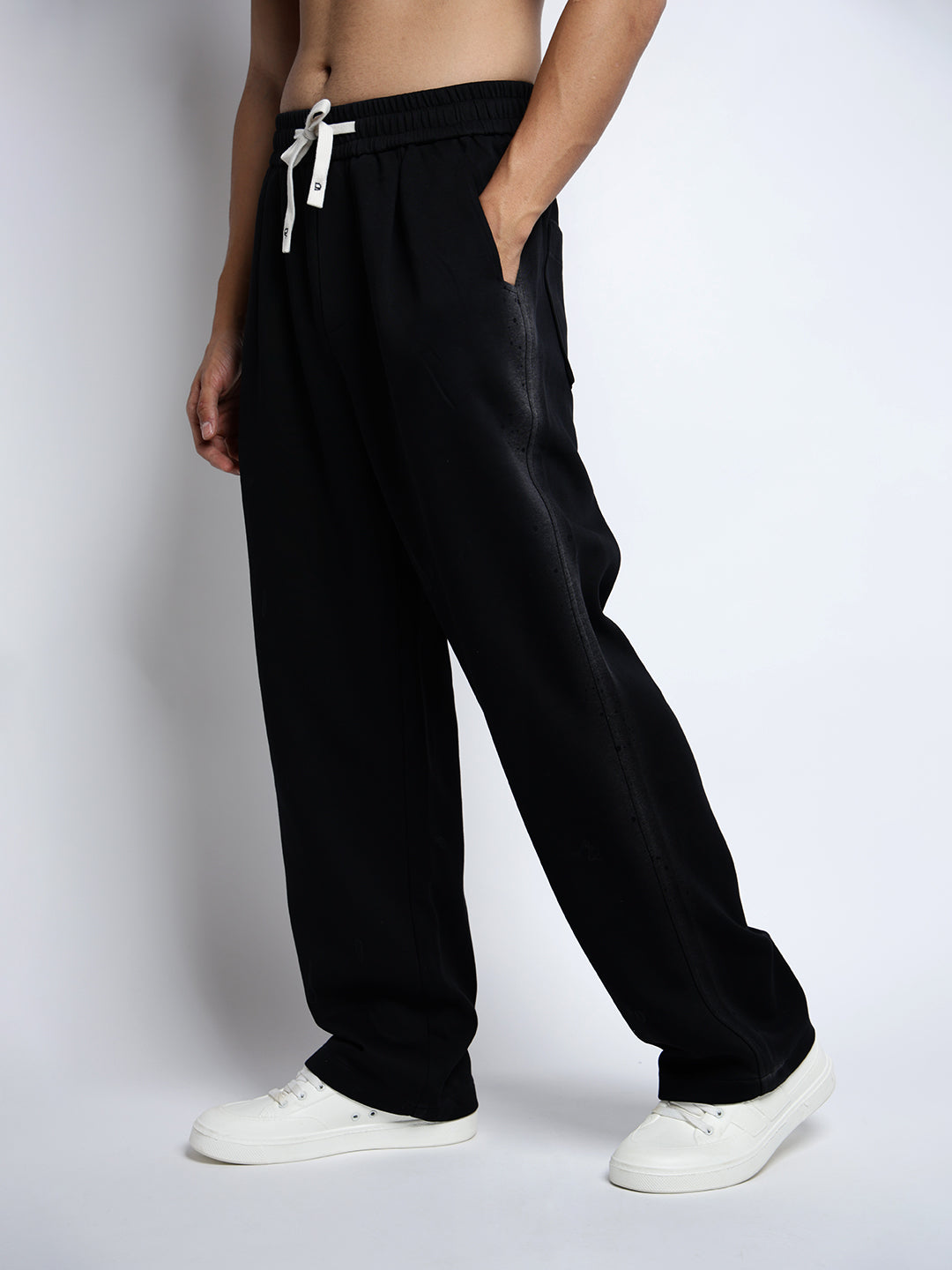 Men's Black Relaxed Fit Trousers with Faded Side Hem
