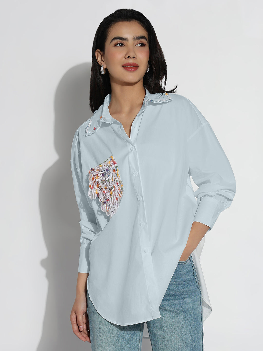 Women Oversized Blue Solid Shirt with Embroidered Chest Pocket