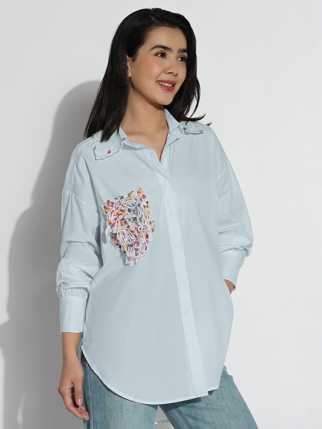 Women Oversized Blue Solid Shirt with Embroidered Chest Pocket