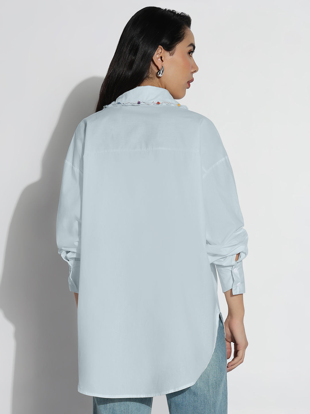 Women Oversized Blue Solid Shirt with Embroidered Chest Pocket