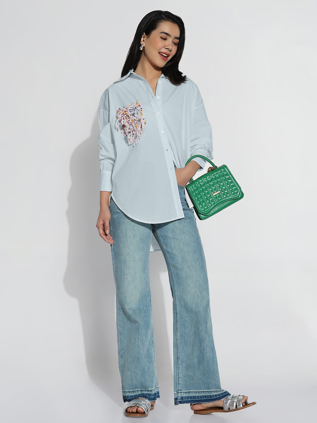 Women Oversized Blue Solid Shirt with Embroidered Chest Pocket