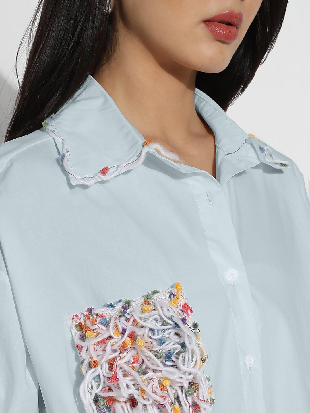 Women Oversized Blue Solid Shirt with Embroidered Chest Pocket