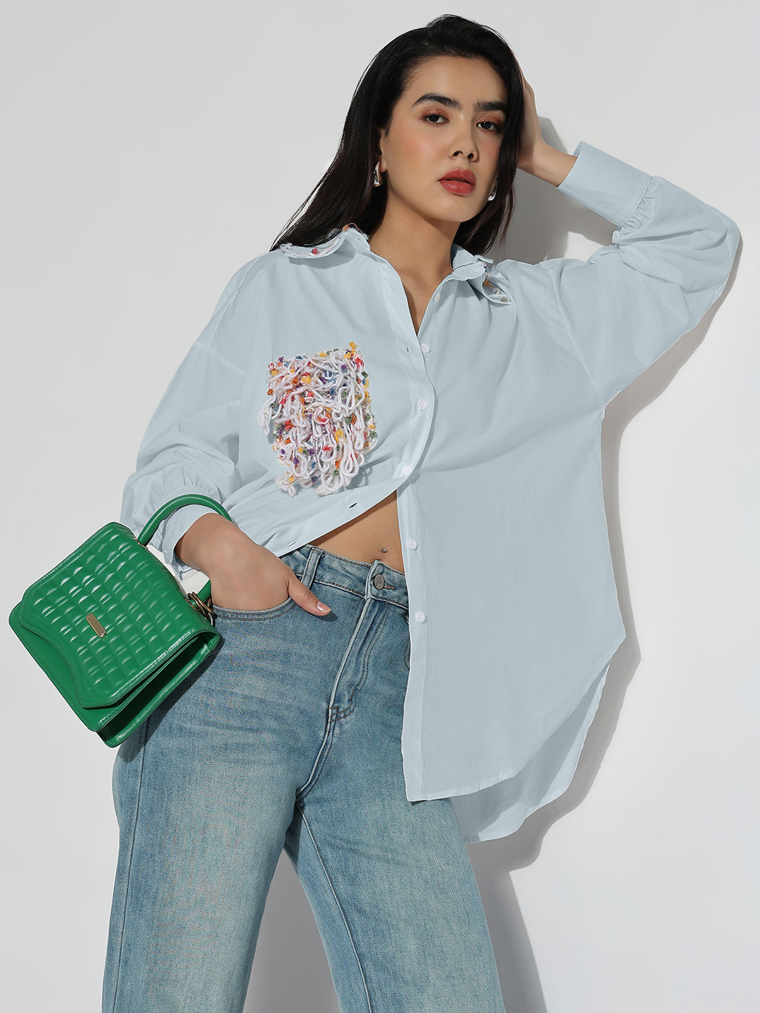 Women Oversized Blue Solid Shirt with Embroidered Chest Pocket