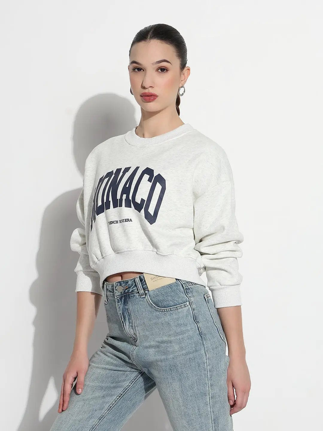 Women's Typography Off-White Crew Neck Long Sleeves Crop Top - from SHOWOFFFF