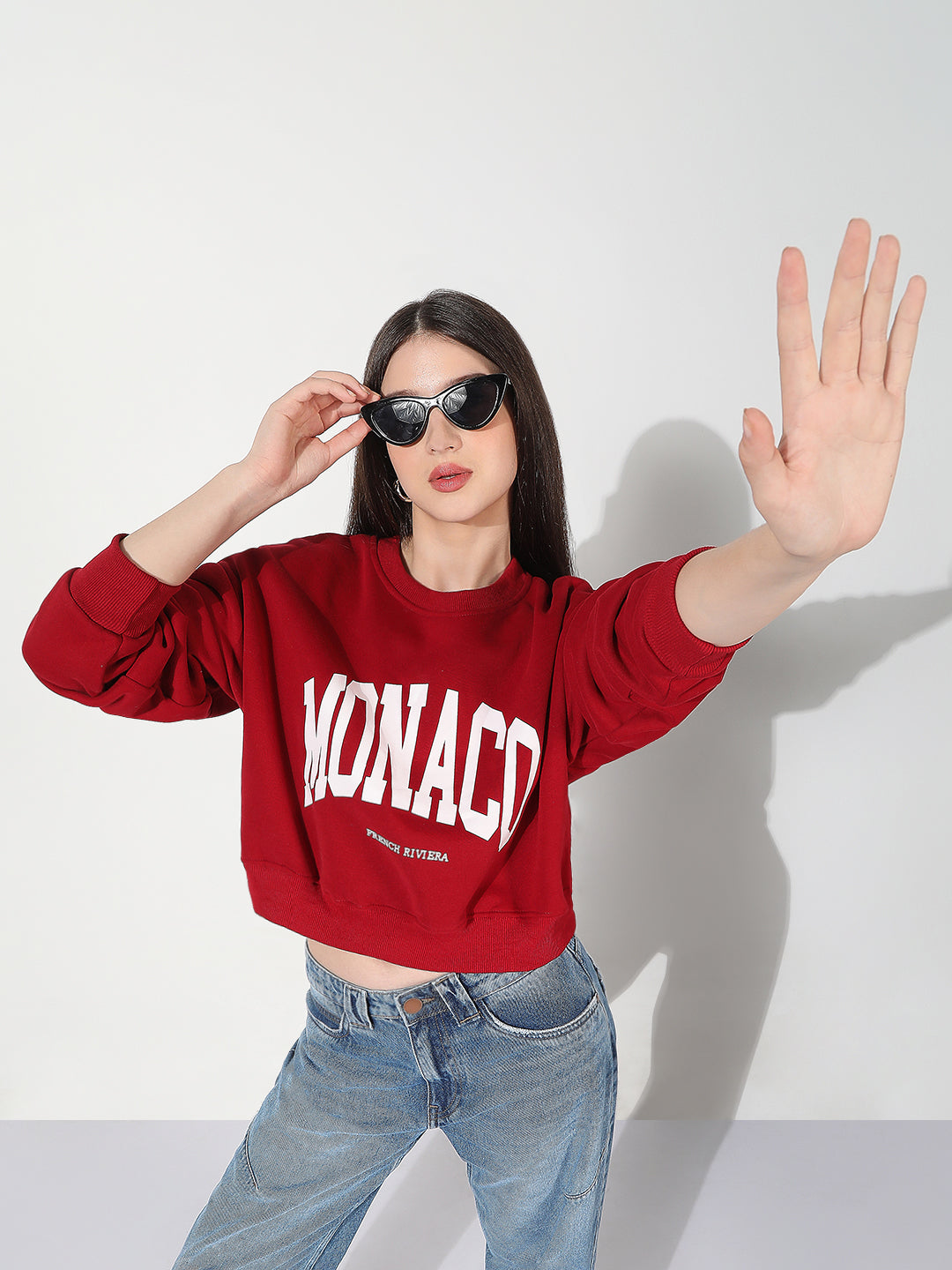 Women's Typography Red Crew Neck Long Sleeves Crop Top