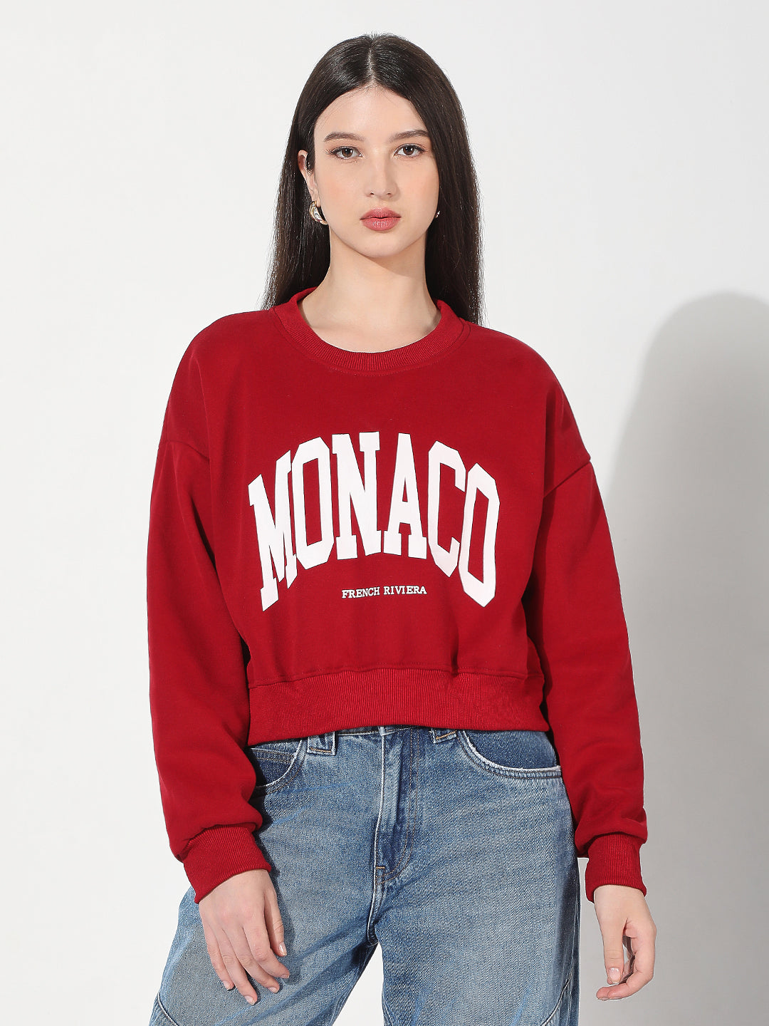 Women's Typography Red Crew Neck Long Sleeves Crop Top