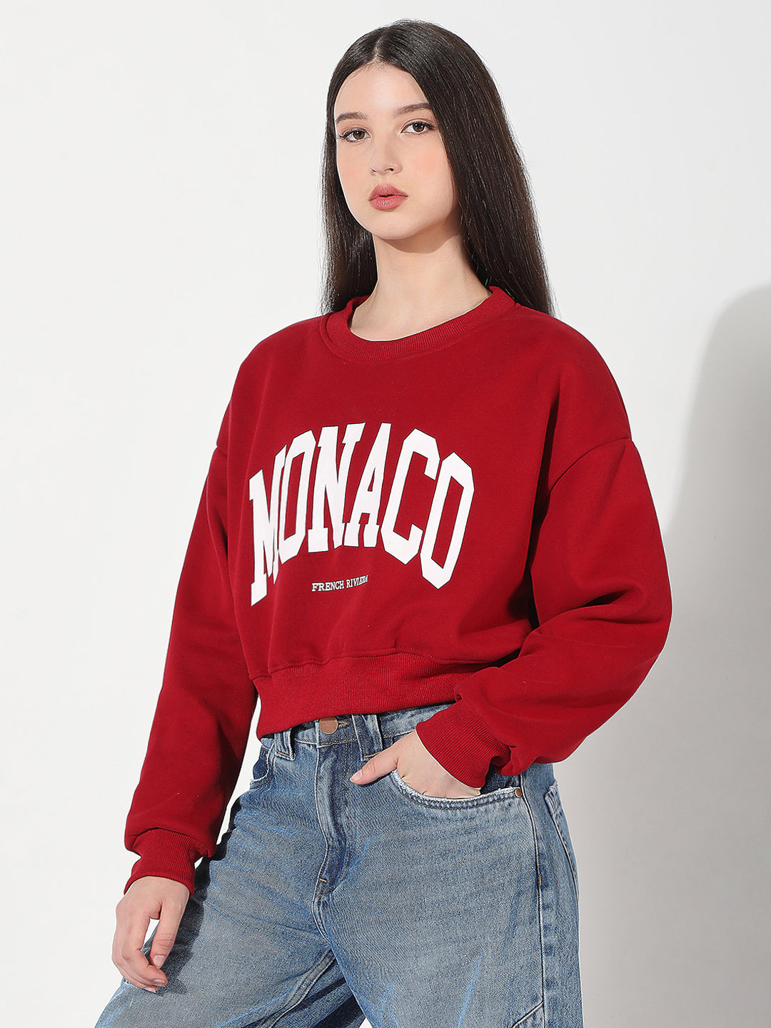 Women's Typography Red Crew Neck Long Sleeves Crop Top