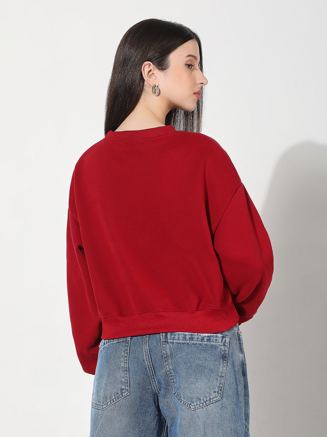 Women's Typography Red Crew Neck Long Sleeves Crop Top