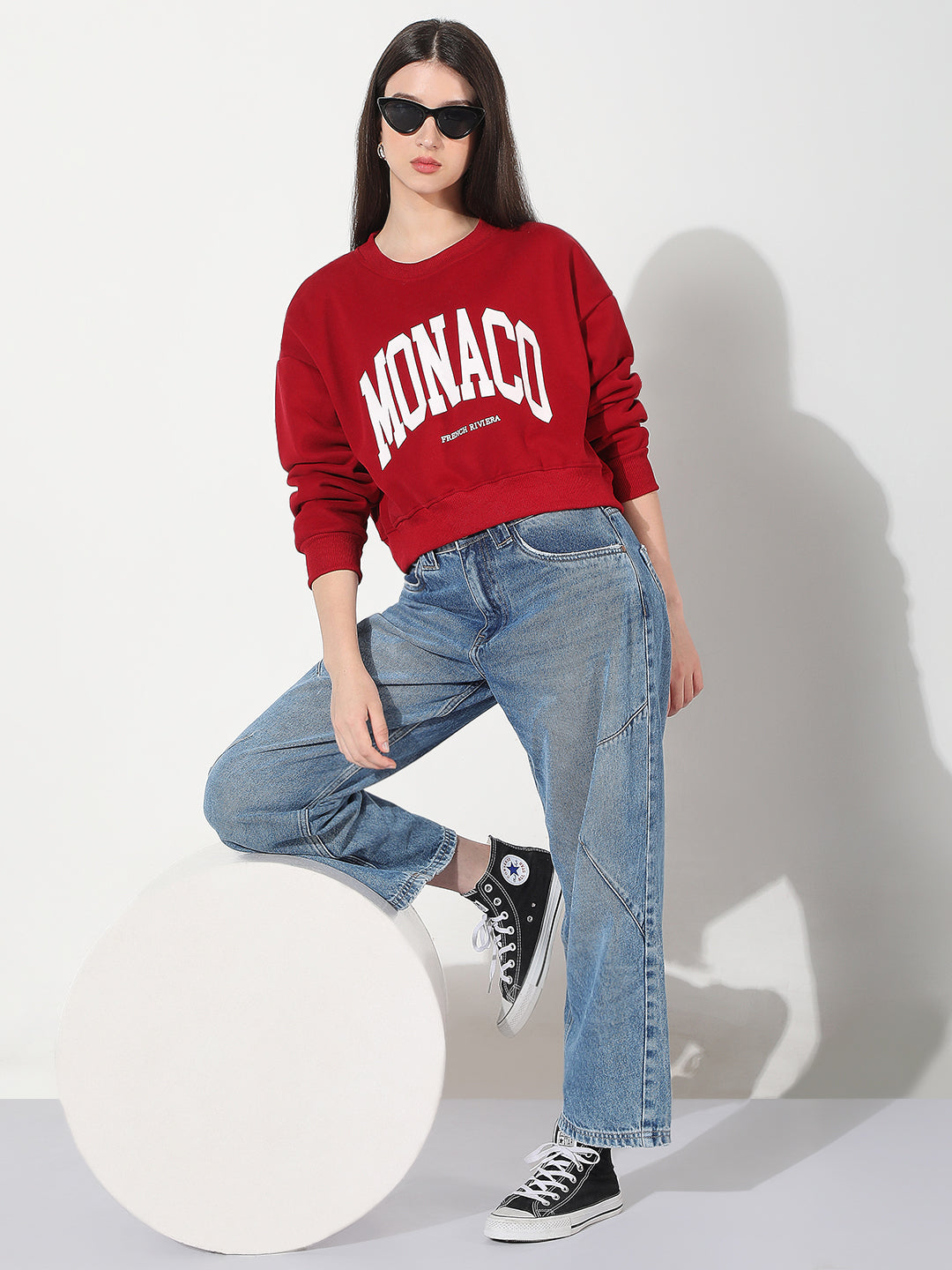 Women's Typography Red Crew Neck Long Sleeves Crop Top