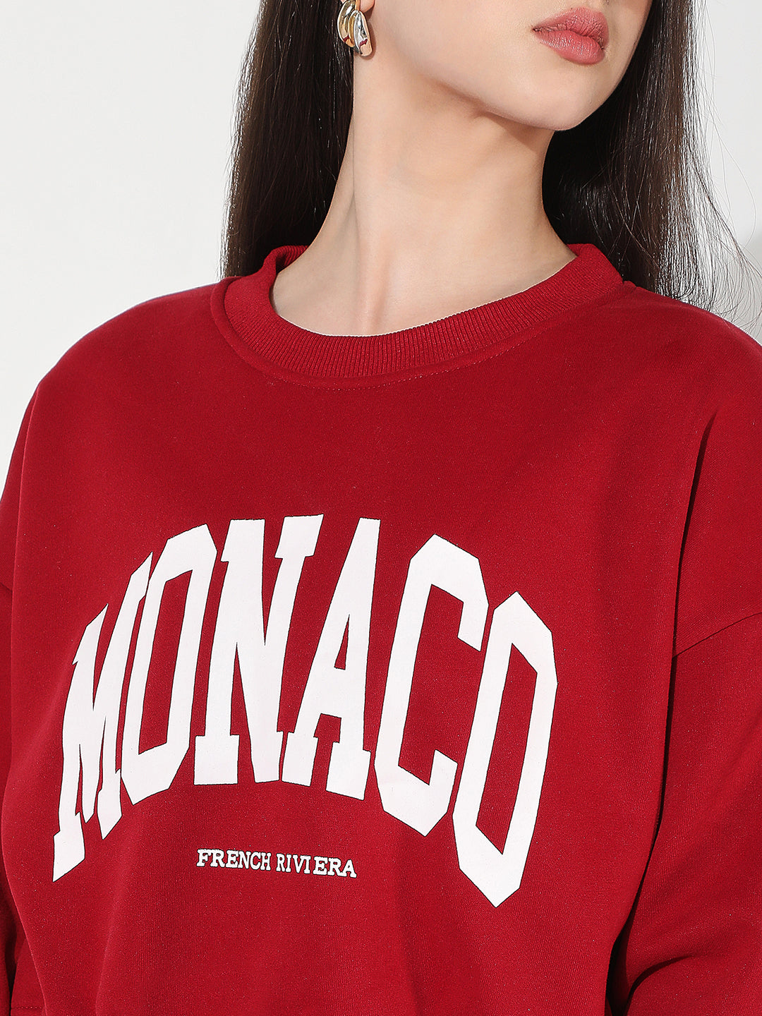 Women's Typography Red Crew Neck Long Sleeves Crop Top