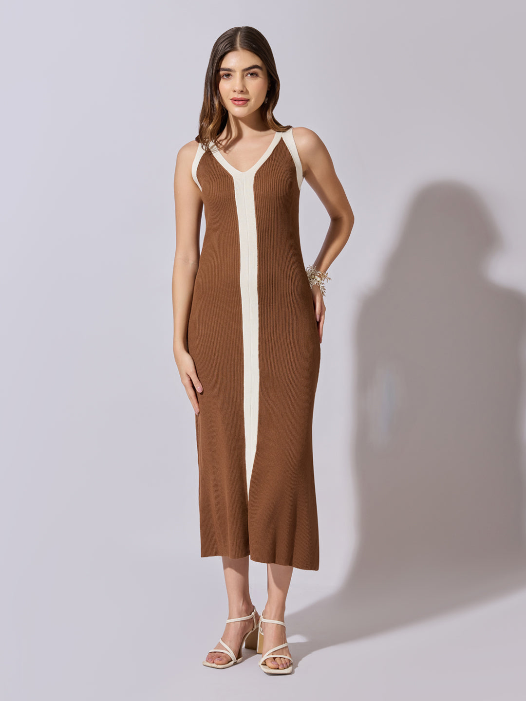 Women's Ribbed Brown Midi Dress with Contrast Panel