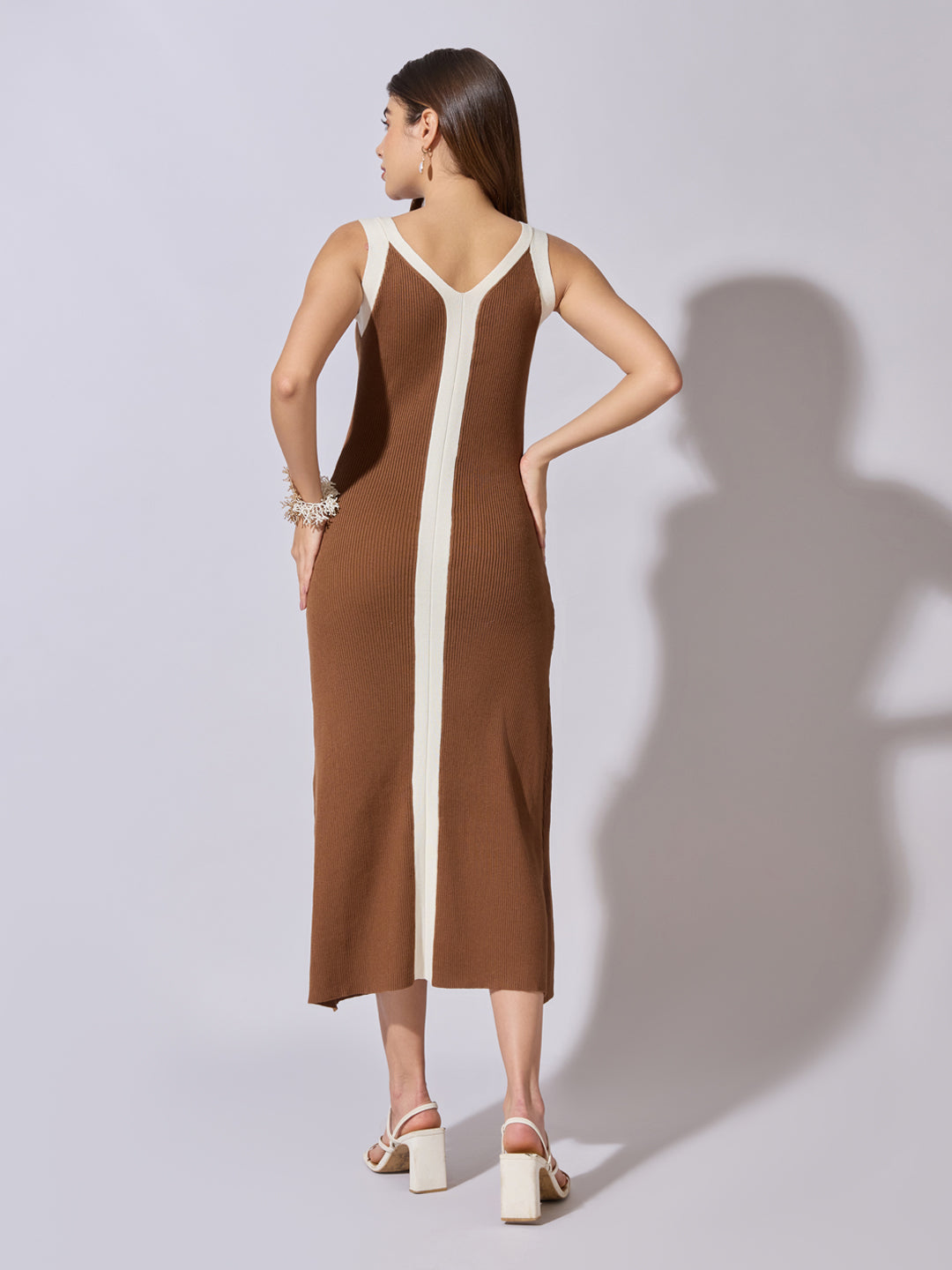 Women's Ribbed Brown Midi Dress with Contrast Panel