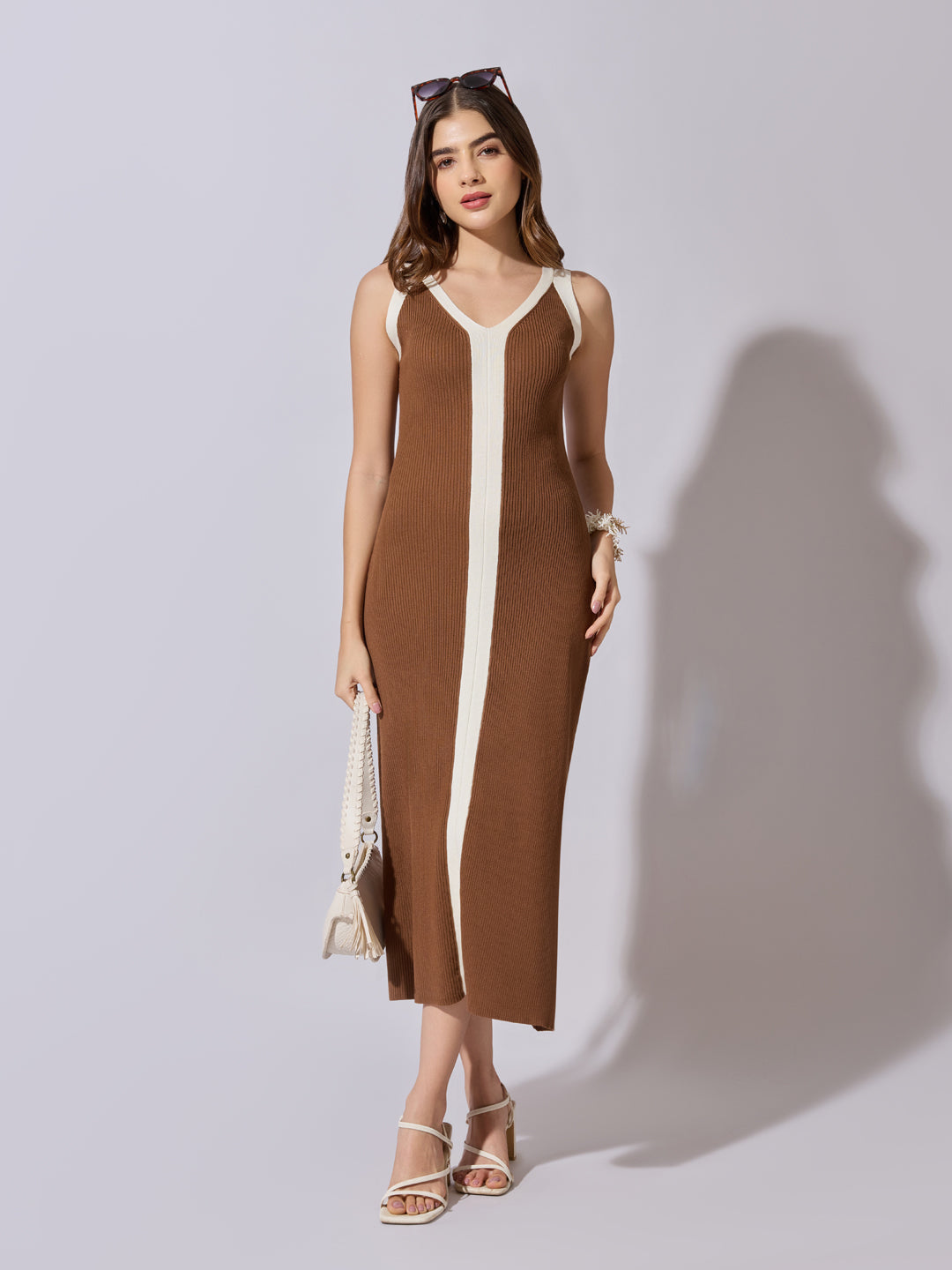 Women's Ribbed Brown Midi Dress with Contrast Panel