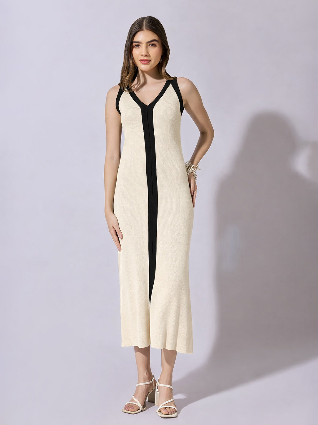 Women's Ribbed White Midi Dress with Contrast Panel