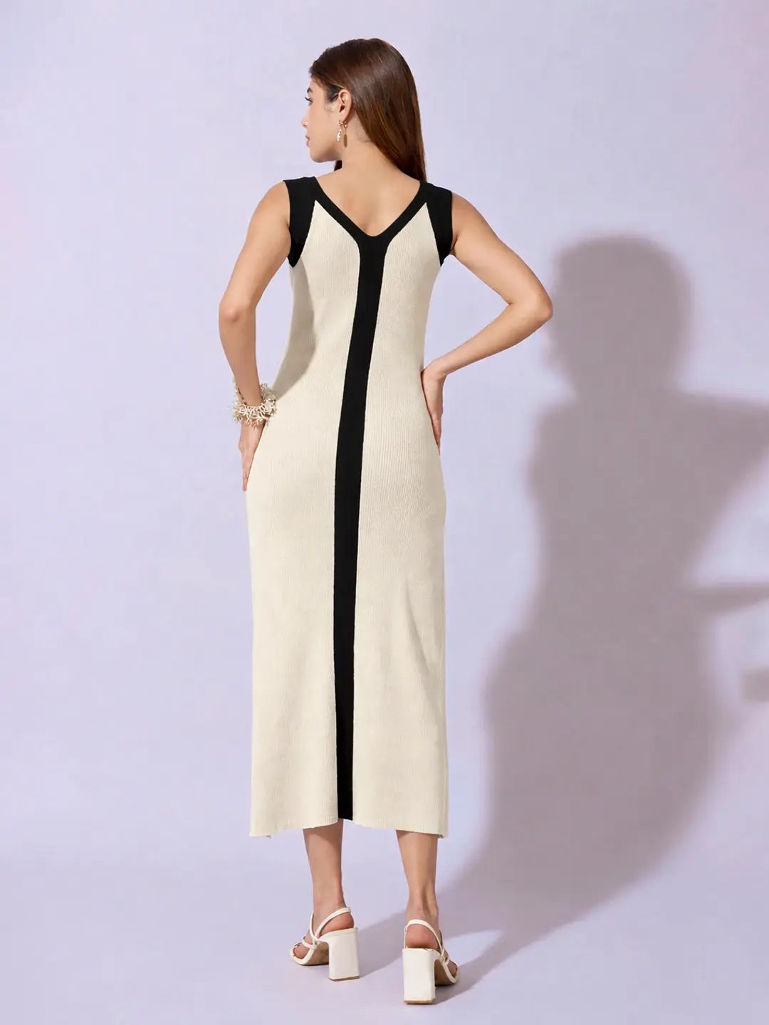 Women's Ribbed White Midi Dress with Contrast Panel