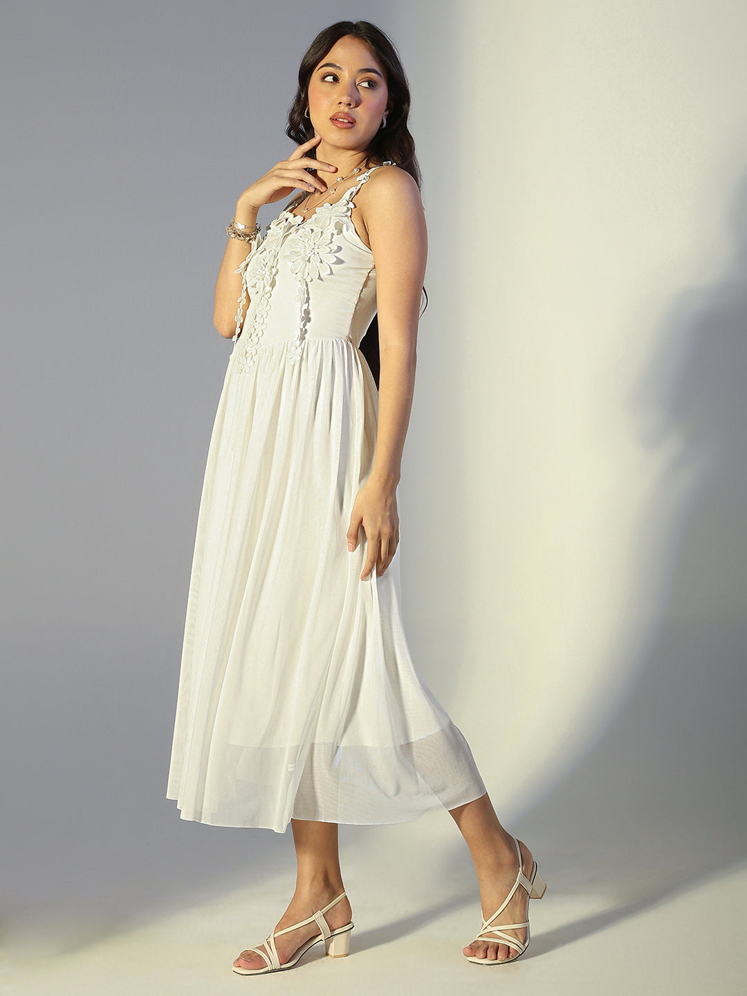 Women's Floral Applique Off-White Midi Dress