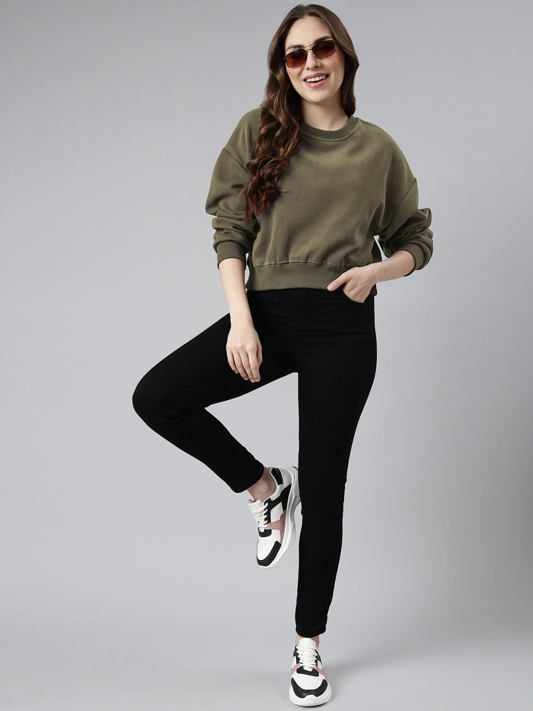 Women's Olive Oversized Round Neck Sweatshirt